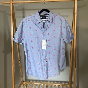 Men’s Denim & Flower brand flamingo button up, short sleeve.